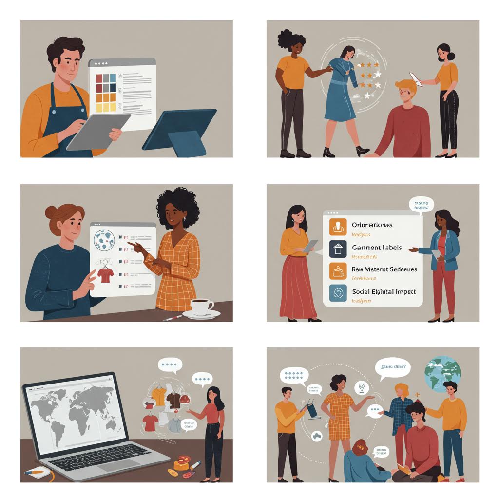 제품 디자인, 팀 협업, 공급망 투명성, 글로벌 소싱을 보여주는 윤리적이고 지속 가능한 패션 실천에 대한 6개 일러스트레이션