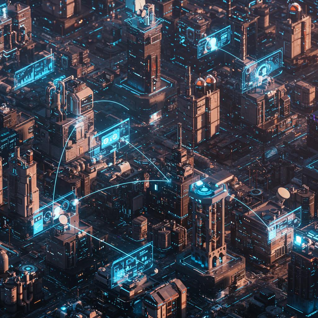 디지털 인터페이스, 홀로그램, 연결 라인이 오버레이된 산업 건물 및 공장의 야간 공중 뷰로 표현된 스마트 시티 및 IoT 인프라