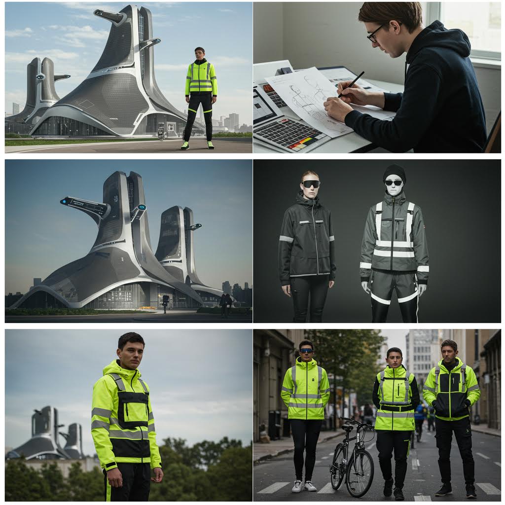 미래적인 건축물 앞에서 형광색 재킷을 입은 인물들이 도시의 기술적 감각을 드러내는 장면