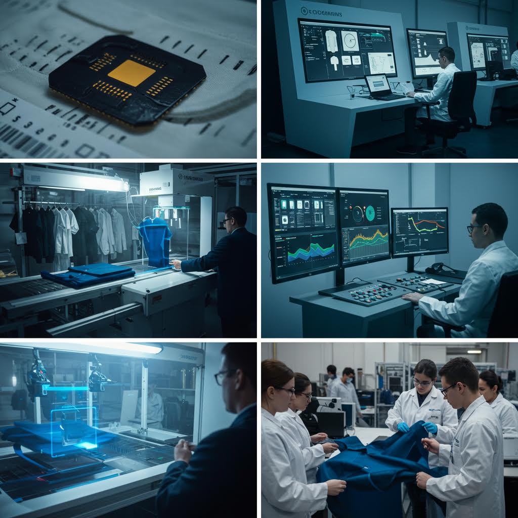 연구실에서 정밀한 센서와 의류가 결합되는 과정이 데이터 흐름과 맞닿아 있으며 온카스터디를 연상시키는 순간