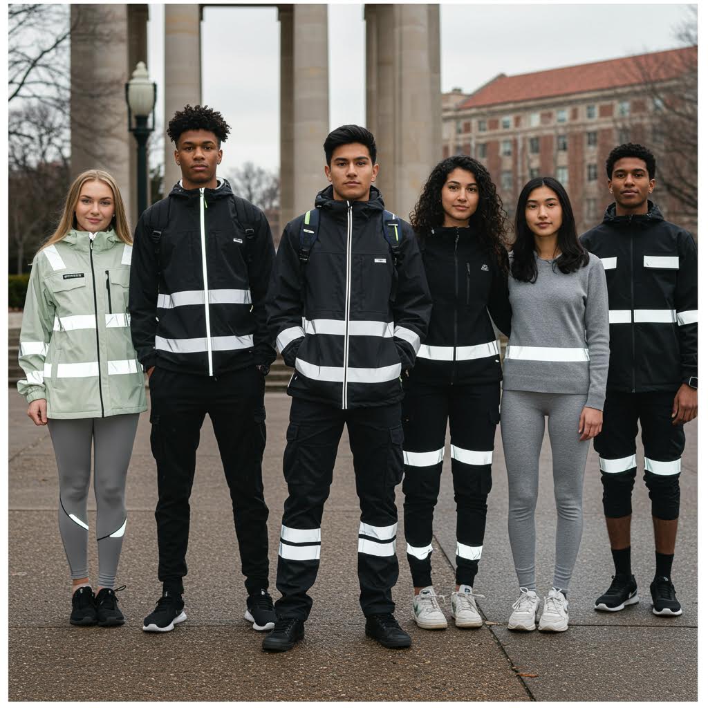 온카스터디 스마트 웨어 프로젝트, 반사 소재가 적용된 안전 의류를 착용한 대학생들의 단체 촬영