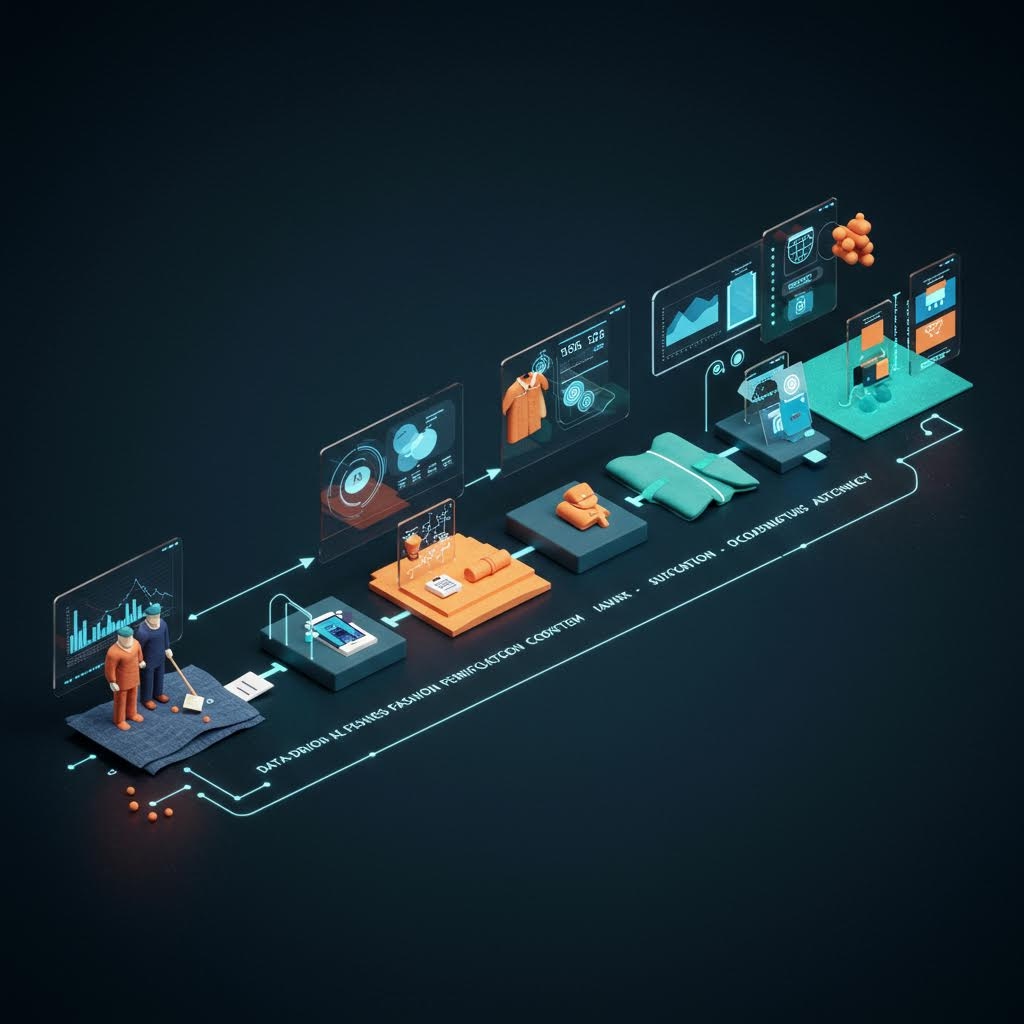 어두운 배경 속 3D 일러스트: 청소하는 사람 → 데이터 그래프 → 패턴 디자인 → 옷 제작 → 스캔·AI 분석 → 블록체인 인증까지 이어지는 'Fashion Data-based Verification' 파이프라인.