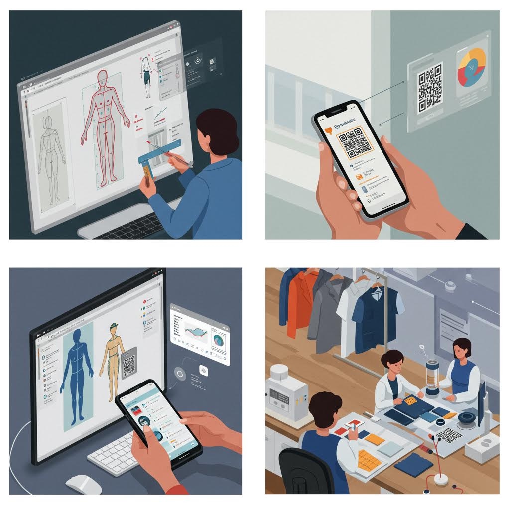 온카스터디 AR 패션 검증 콜라주: 인체 측정, QR 스캔, 홀로그램 피팅, 실험실 작업 일러스트 모음.