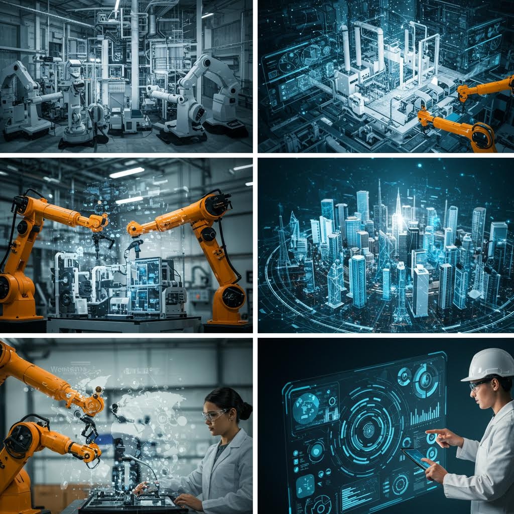 온카스터디 스마트 팩토리 콜라주: 로봇 팔 조립, 홀로그램 도시 모델, 작업자 데이터 인터페이스 장면.