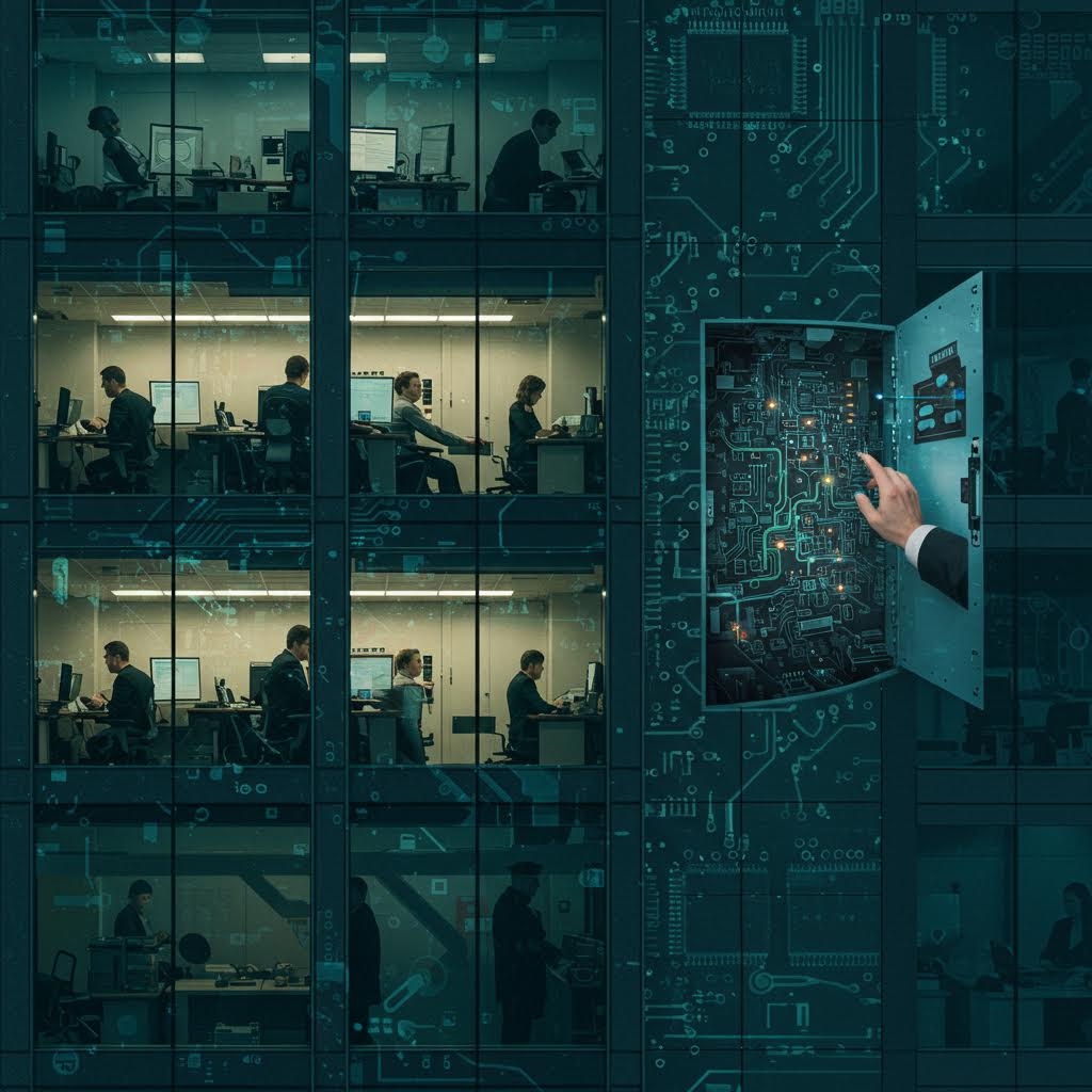 스마트 빌딩 제어 시스템 오피스 건물과 디지털 회로 기판을 터치하는 손 건물 자동화 개념