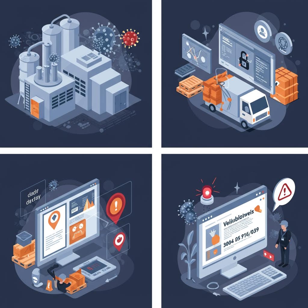 공급망 보안 아이소메트릭 일러스트 4개 공장 물류 데이터 모니터링 사이버 위협 감지 시나리오