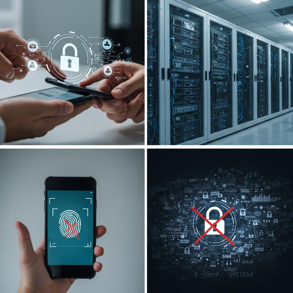 생체 인증 보안 시스템 4개 장면 태블릿 자물쇠 서버룸 지문 스캔 액세스 거부 아이콘