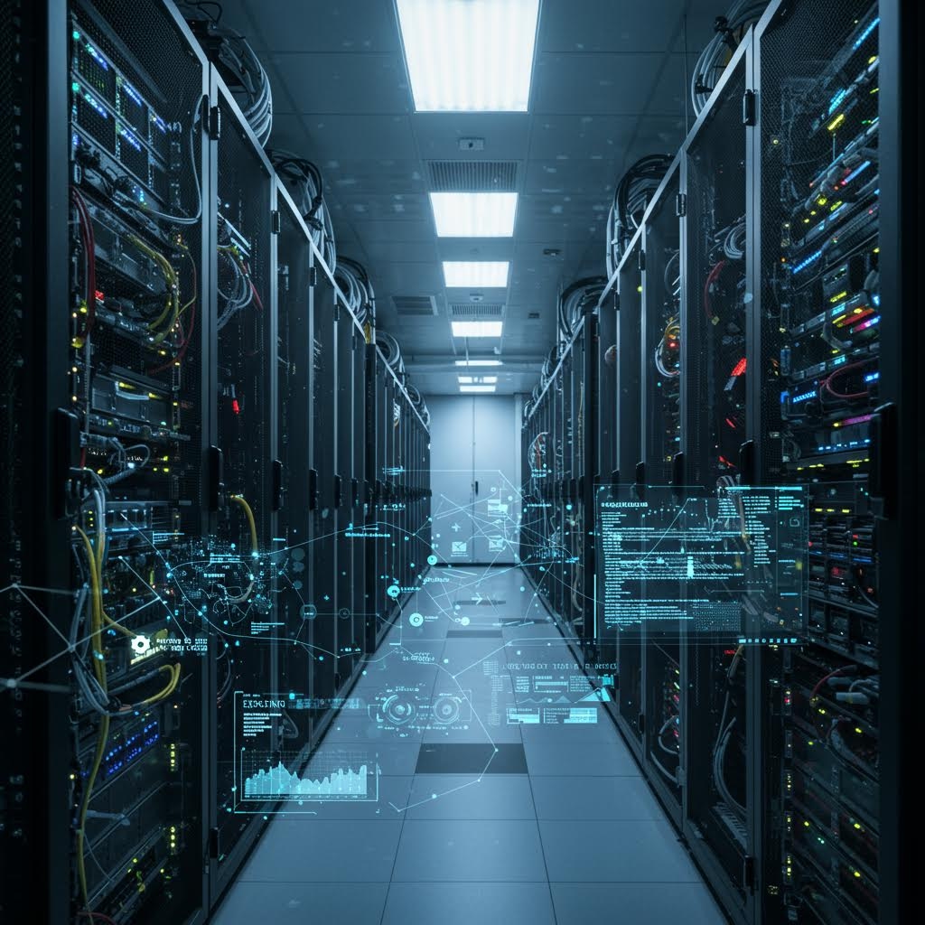 온카스터디 데이터센터 네트워크: 서버 룸 복도에 홀로그램으로 떠 있는 데이터 흐름과 보안 그래픽.