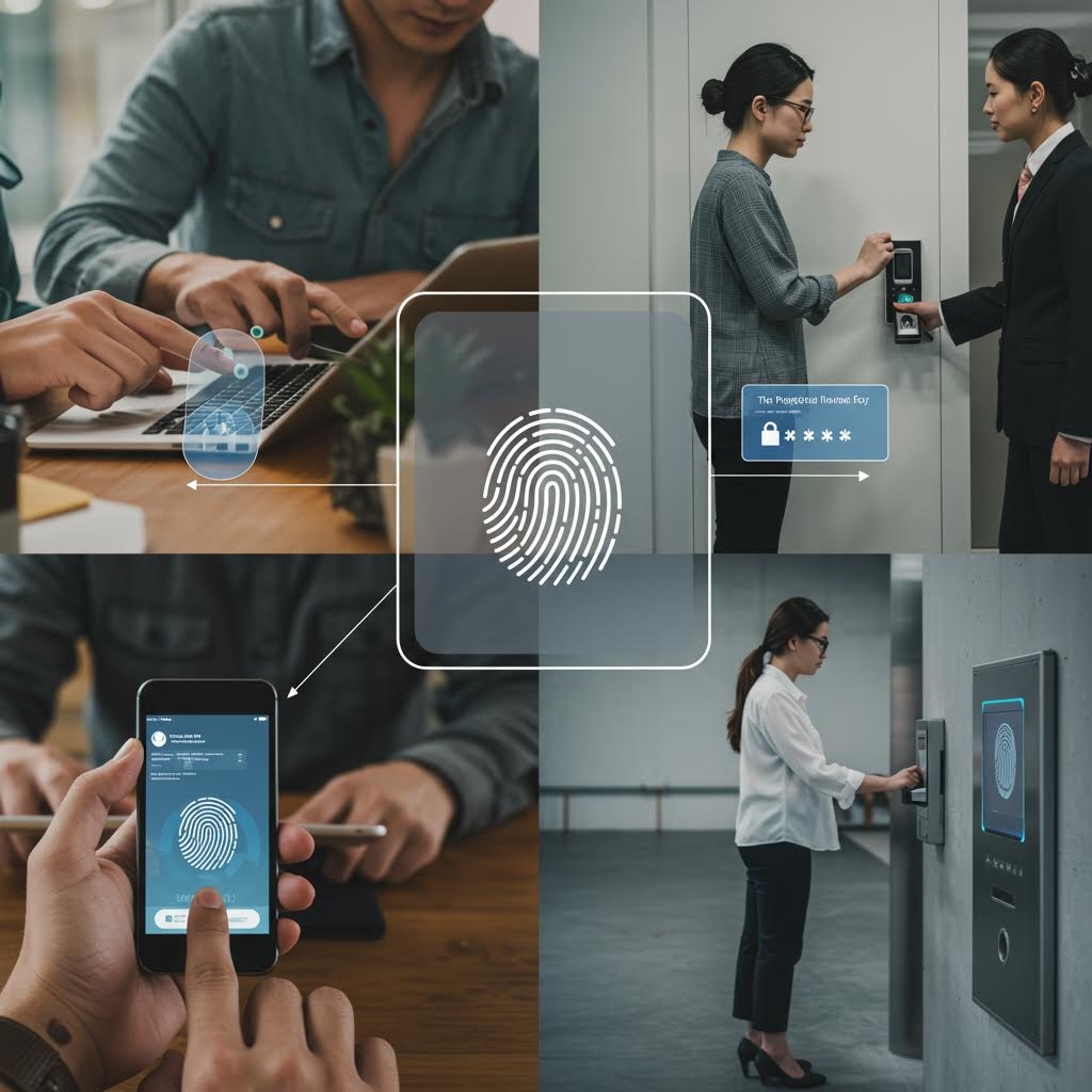 지문 인증 시스템 콜라주 스마트폰 노트북 출입문 액세스 제어 장치 사용 장면 6개
