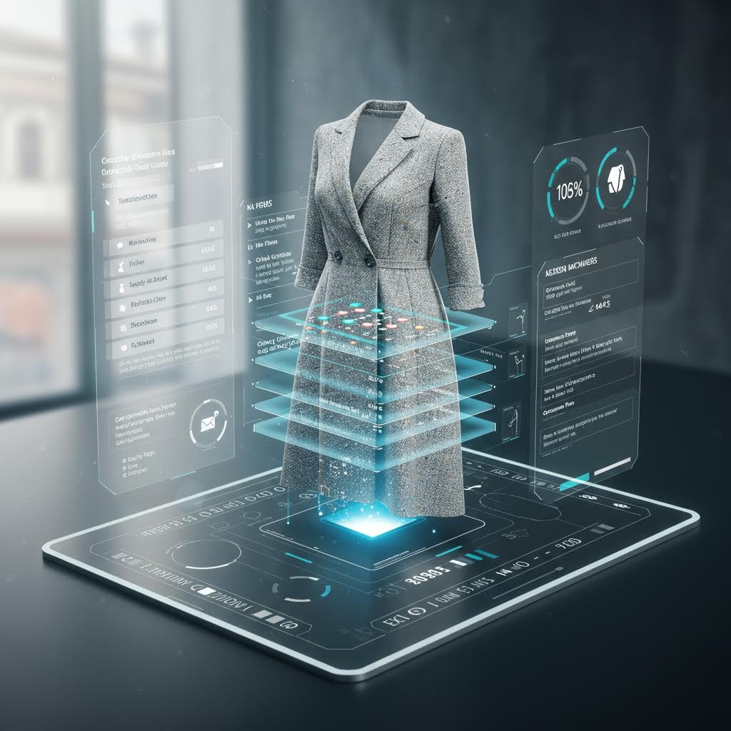 온카스터디 홀로그램 패션 디자인: 3D 코트 모델과 실시간 사이즈·소재 데이터 표시된 디지털 플랫폼.