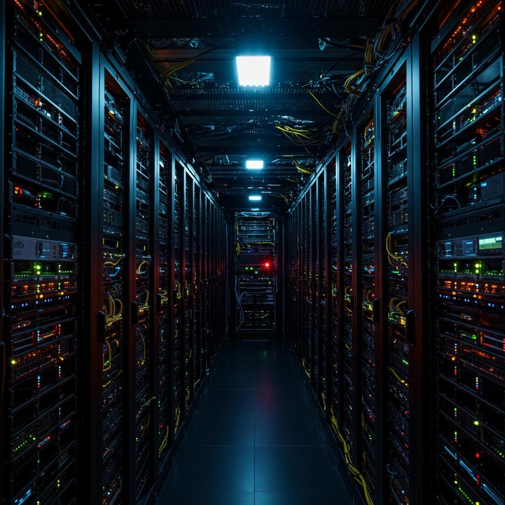 어두운 데이터 센터 서버 복도 LED 표시등이 있는 긴 서버 랙 통로 조명이 비추는 실내