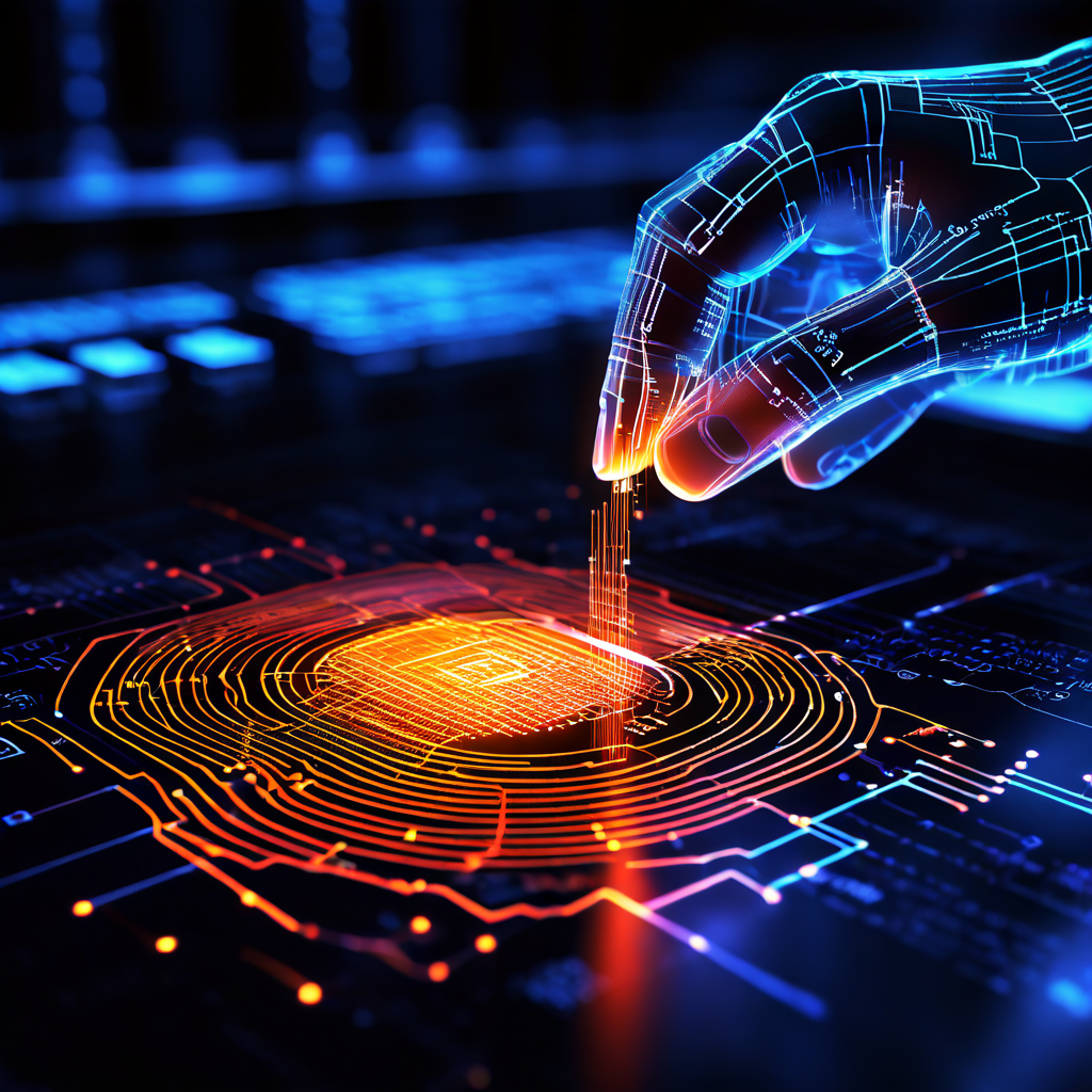 빛나는 지문에서 디지털 선과 데이터 점들이 흘러나와 데이터베이스 설계도로 연결되는 모습이다.