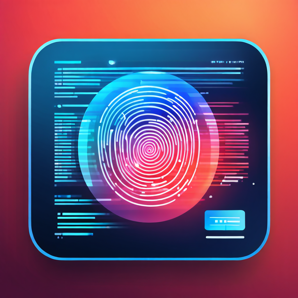 웹 브라우저 창 위에 떠 있는 디지털 지문 아이콘이 화면 크기와 글꼴 같은 다양한 장치 식별자에 선으로 연결되어 있습니다.