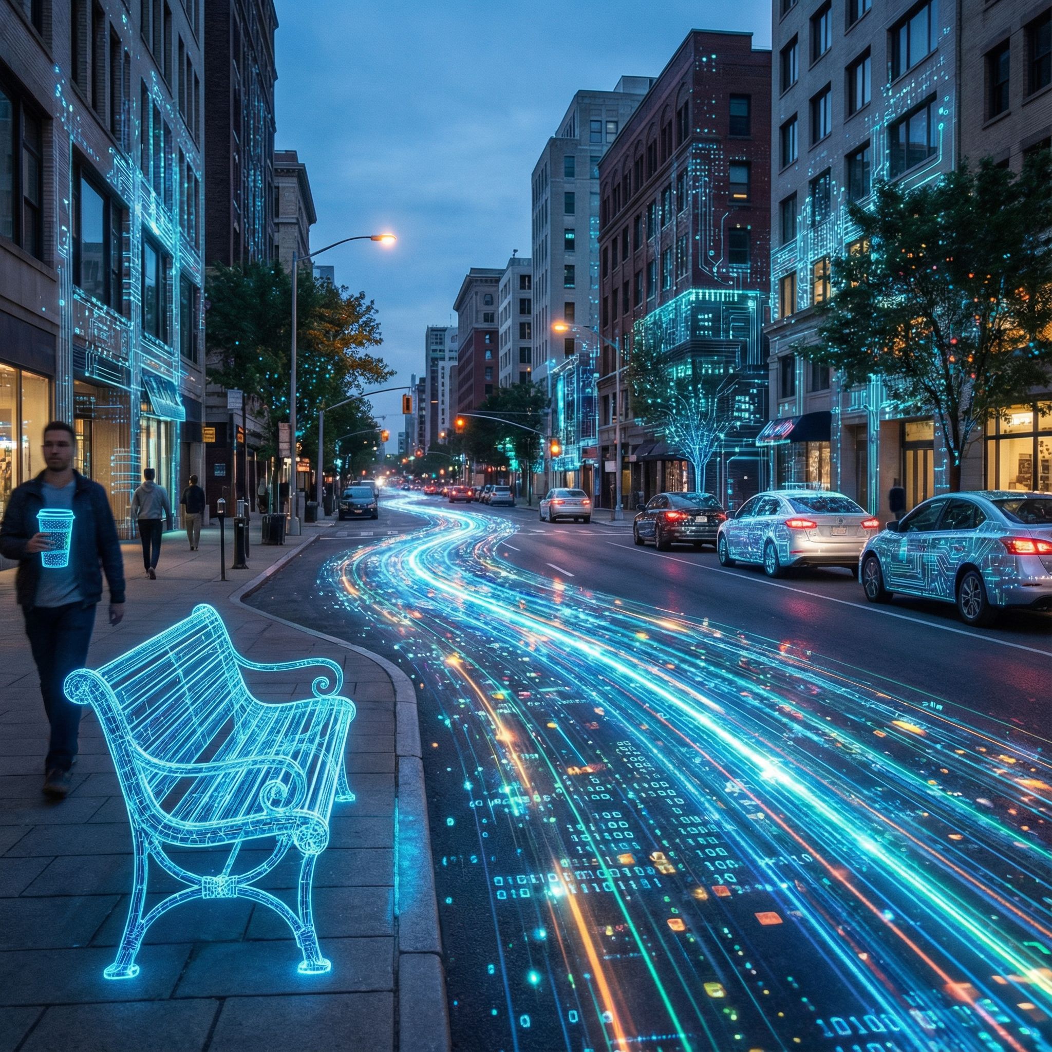 빛나는 푸른색 데이터 흐름이 도시 거리를 타고 흐르며 공원 벤치와 커피잔을 정교한 디지털 와이어프레임으로