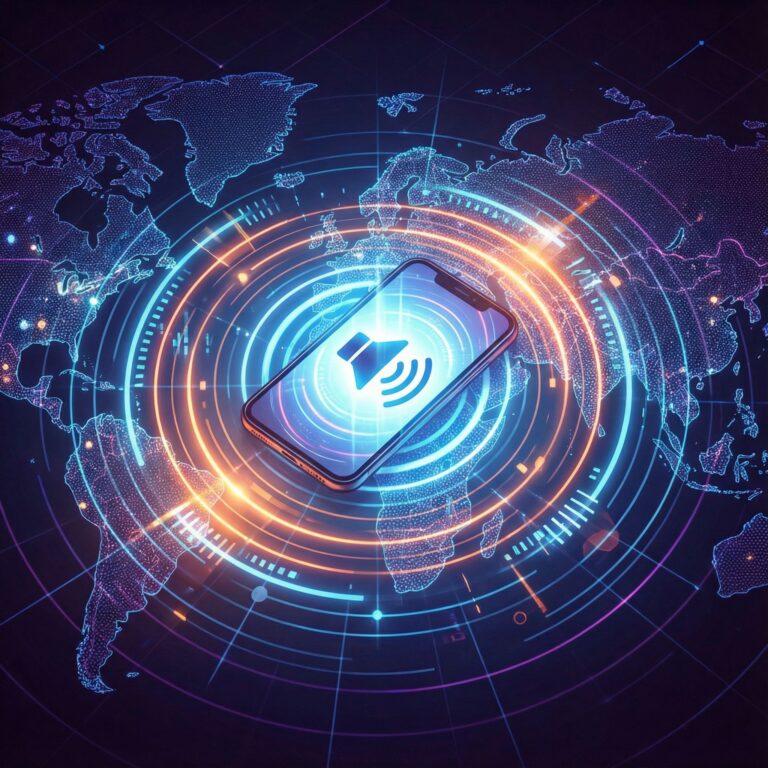 어두운 세계 지도 위 중앙에 단 하나의 빛나는 스마트폰 화면이 있고, 그로부터 강력한 음파나 디지털