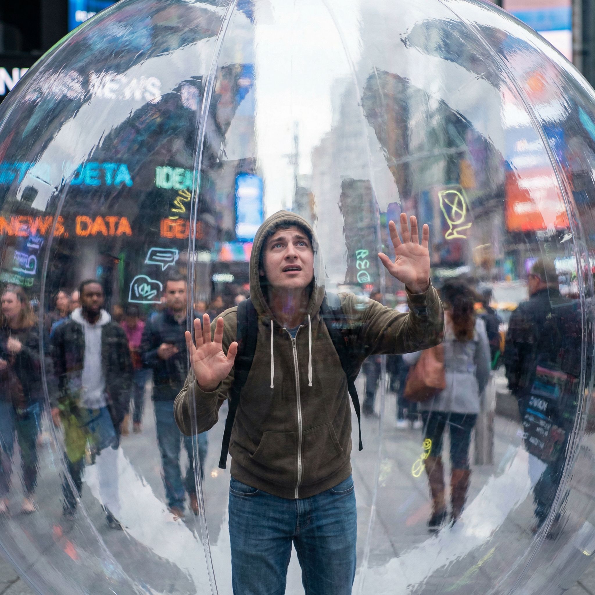 투명한 거품 속에 갇힌 사람이 왜곡된 세상을 바라보며 외부의 다양한 정보와 사람들은 흐릿하게 번져 보이는
