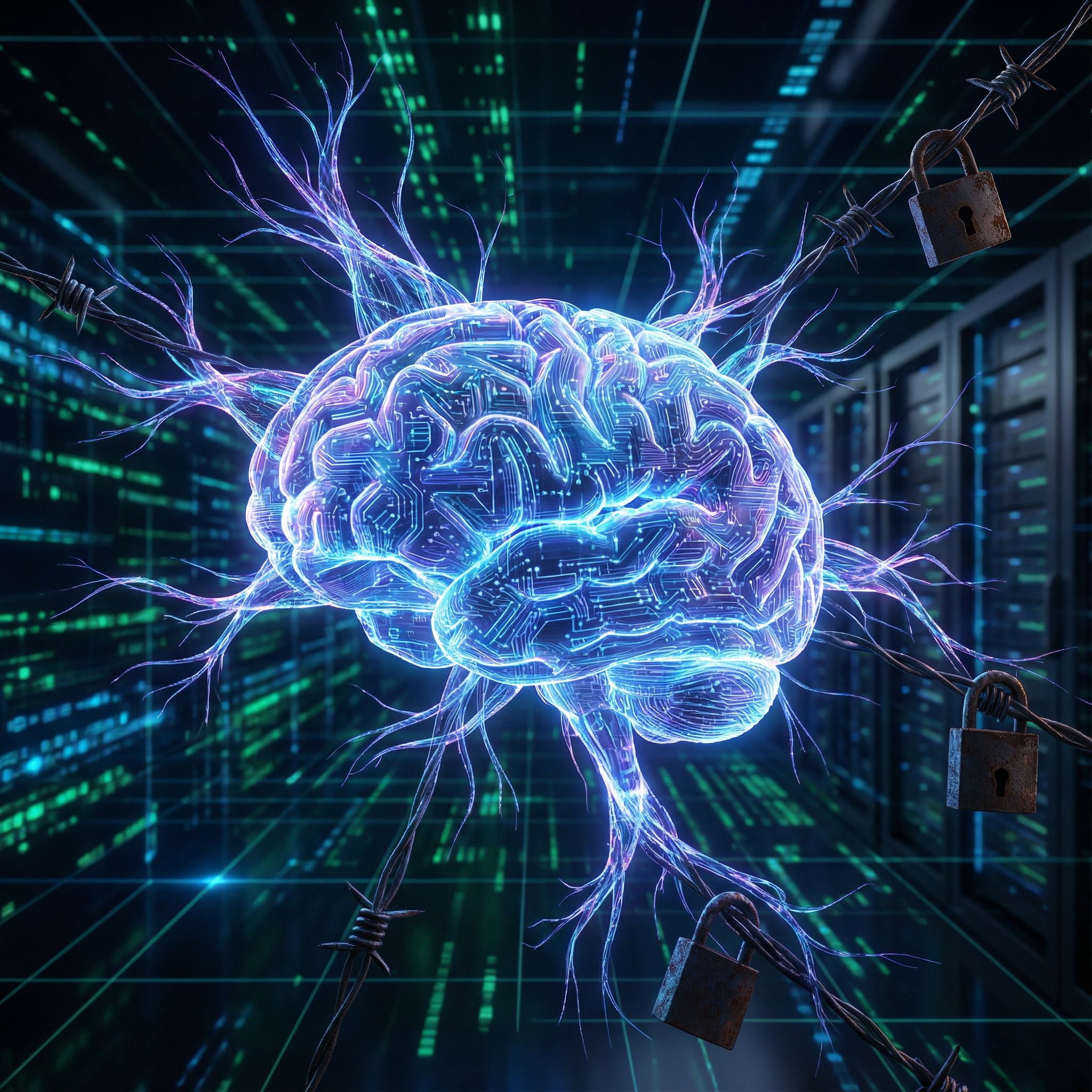 어두운 사이버 공간을 배경으로 빛나는 디지털 뇌가 복잡한 가지를 뻗어 가시철사와 자물쇠로 변해가는 모습이다.
