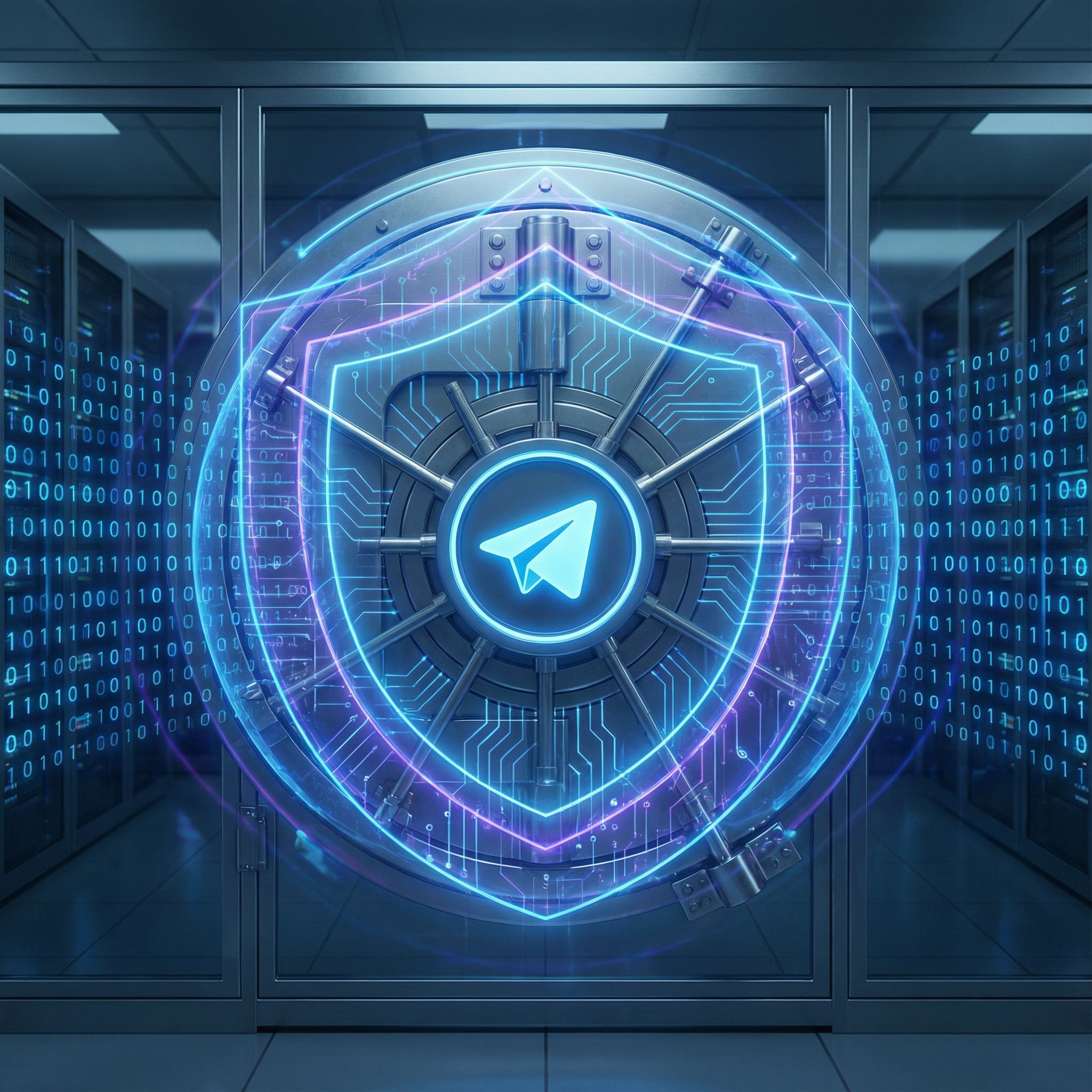 중앙에 빛나는 텔레그램 종이비행기 아이콘이 있고, 이를 보호막 층과 이진 코드 흐름이 둘러싼 안전한