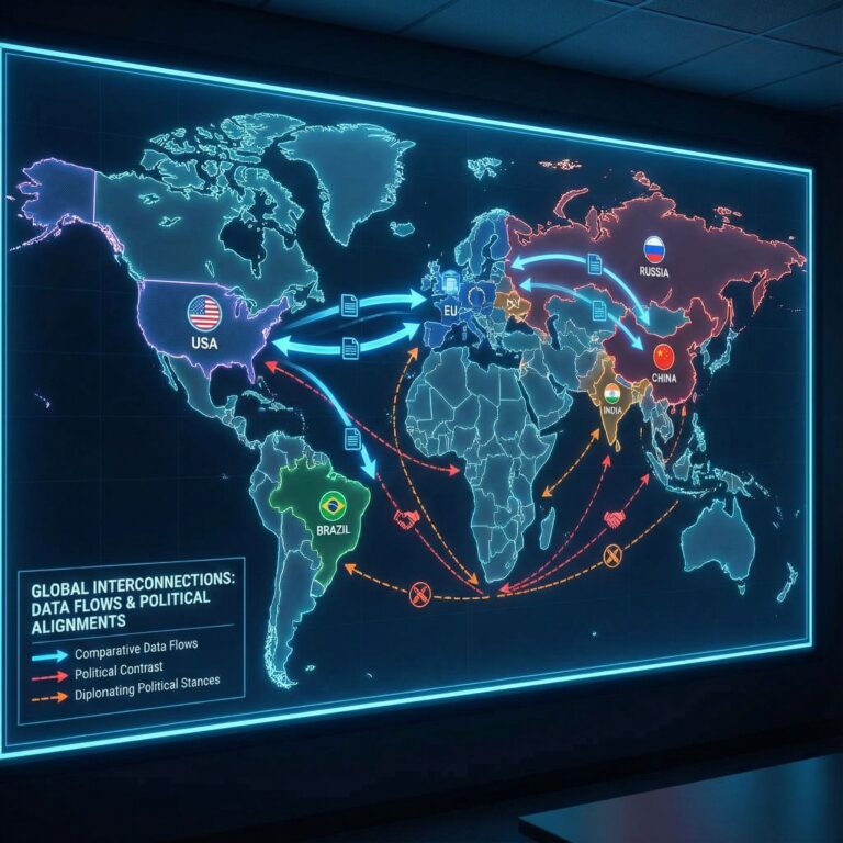 전 세계 지도에서 주요 국가들이 강조되고, 데이터 흐름과 정치적 입장을 비교하는 선과 화살표로 연결된