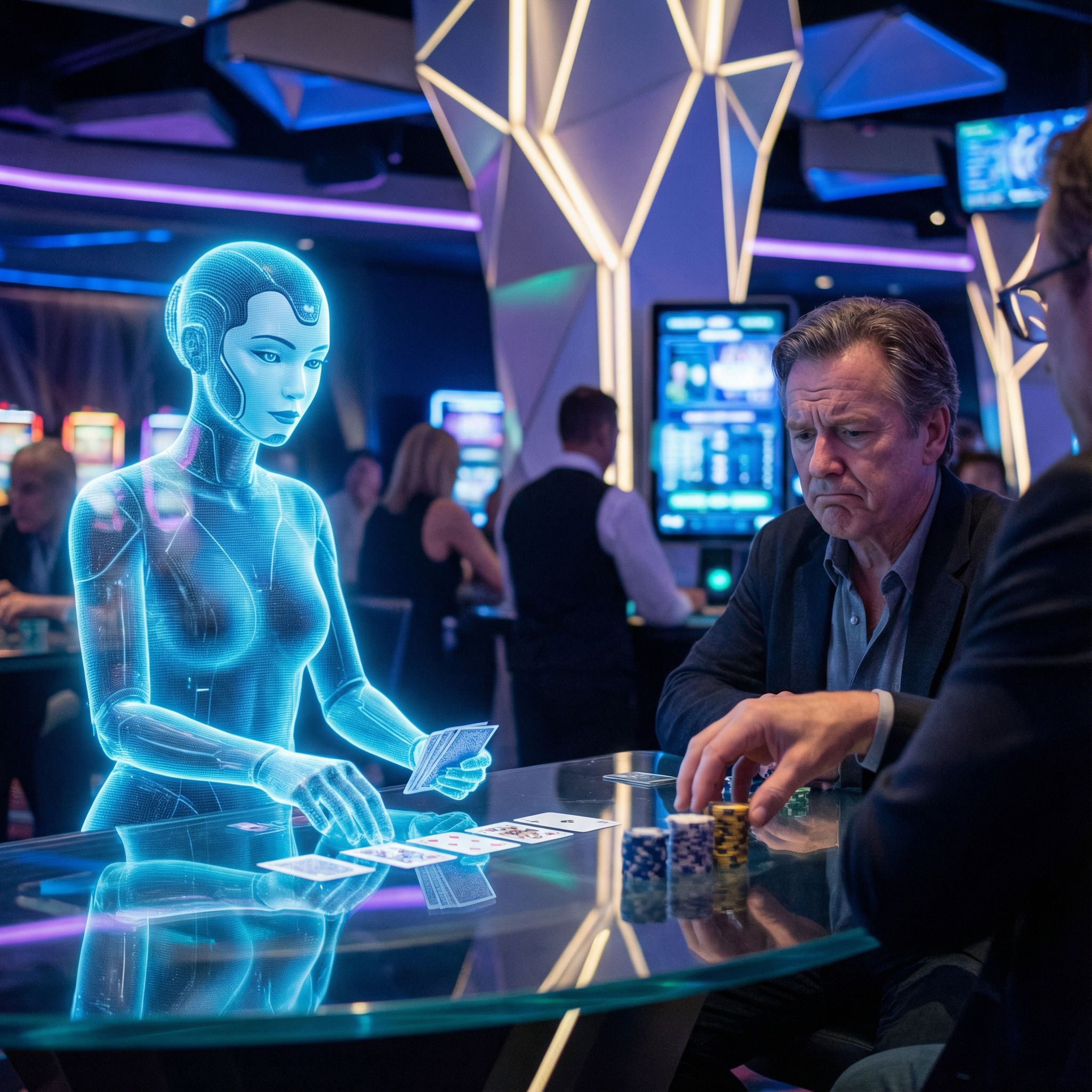 미래적 푸른 빛의 카지노에서 AI 홀로그램이 카드를 다루고, 주저하는 인간 플레이어의 얼굴에 도덕적