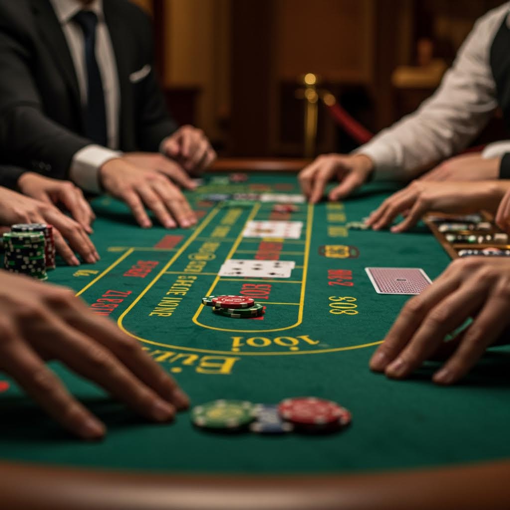 여러 이용자가 테이블 주위에서 칩과 카드를 다루며 게임에 참여하는 장면