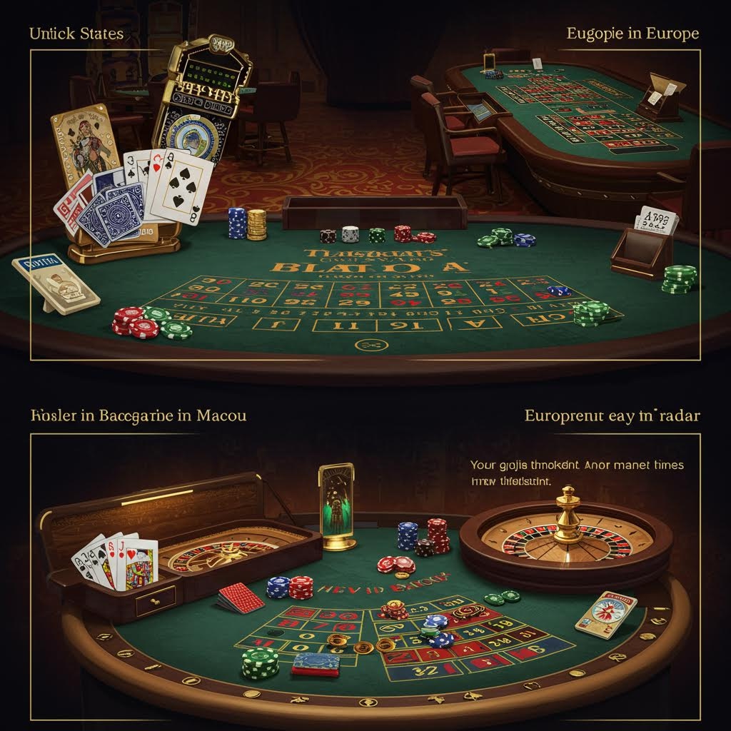 지역별 카지노 테이블 구성과 카드 배치가 비교되어 표현된 게임 환경 이미지