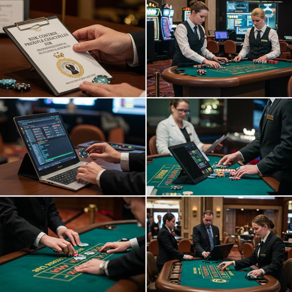 카지노 직원들이 게임 진행과 위험 관리 절차를 점검하며 모니터링 시스템을 사용하는 장면