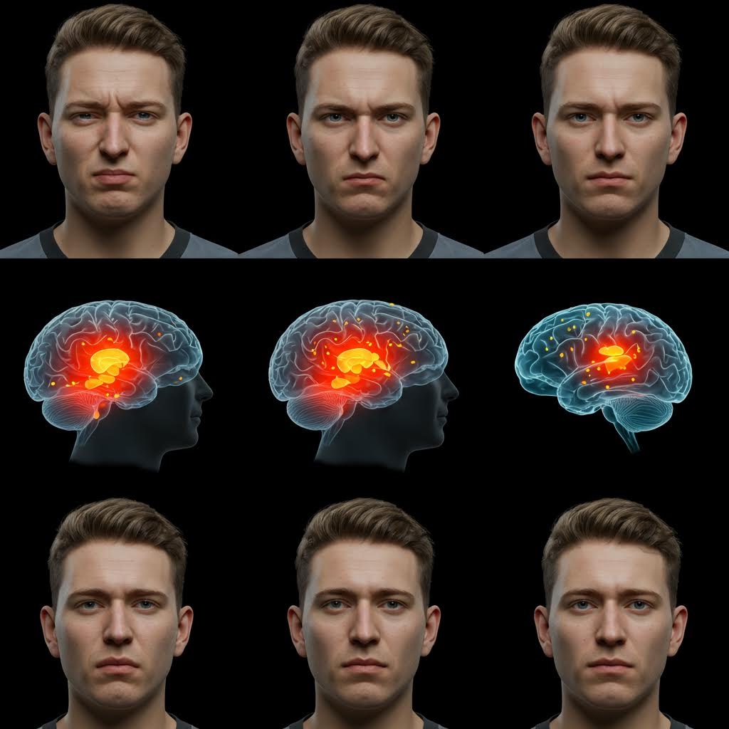 표정 변화와 함께 뇌 활성 패턴이 시각화된 이미지로, 감정과 뇌 반응의 연관성을 보여준다