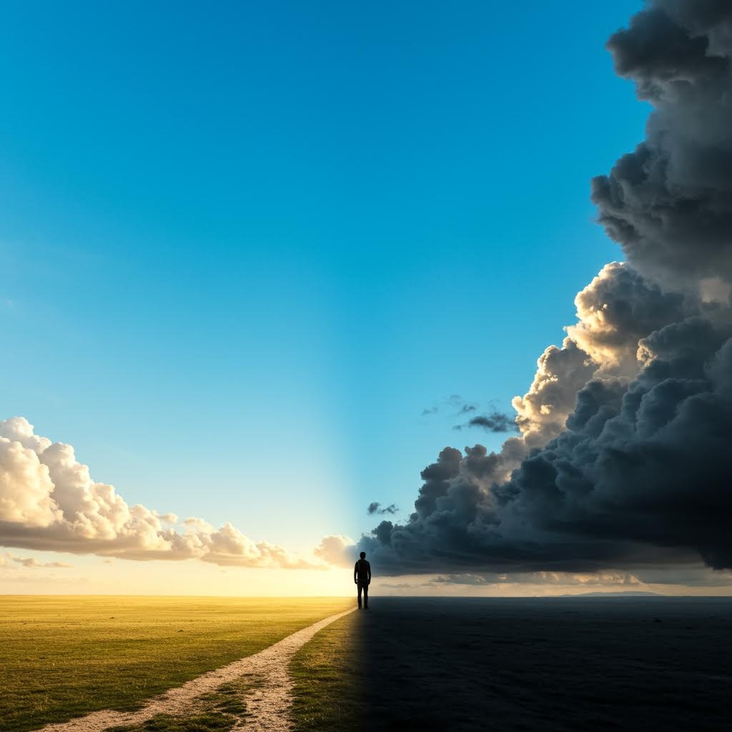 맑은 하늘과 먹구름이 대비되는 풍경 속에서 길 위에 서 있는 인물의 상징적 장면