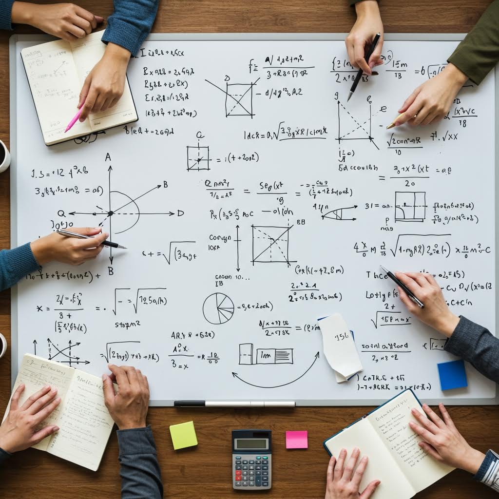 수학 공식과 그래프가 가득한 화이트보드를 중심으로 팀원들이 기록하며 논의하는 모습