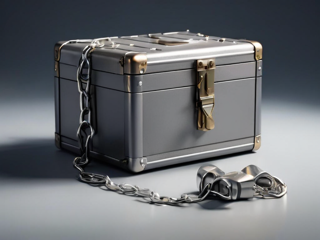 A sealed metal case with a short chain and small blocks representing file locations on a gray studio surface.