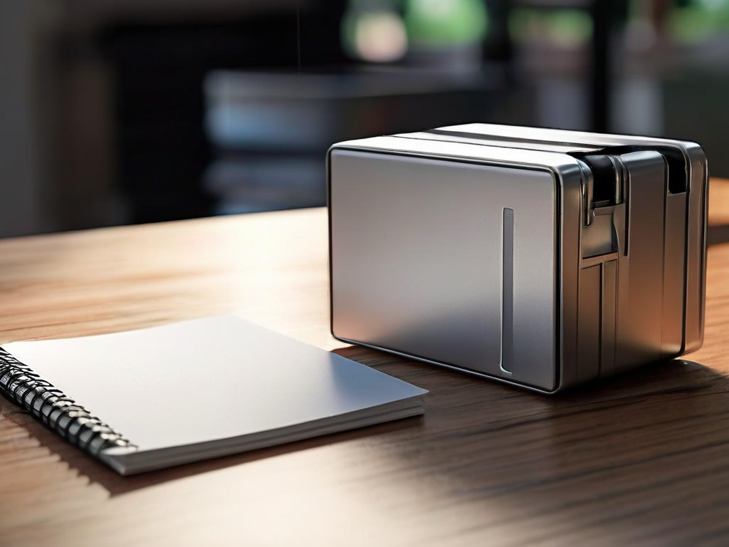 Scanned receipt and blank storage block on brushed metal surface with morning light.
