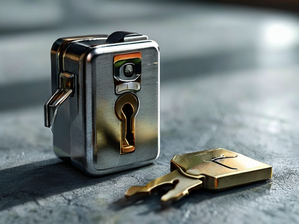 Metal lock and key card on brushed steel surface for account safety.
