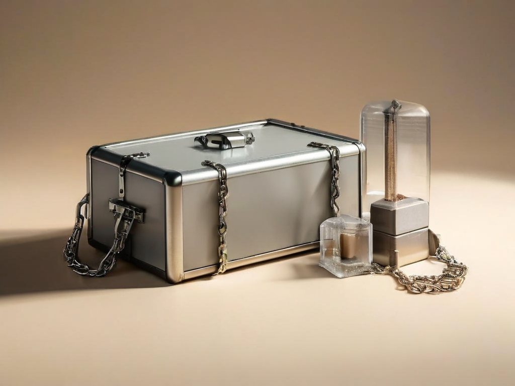 Metal chain linking a sealed storage case to separate data block icons on a stone counter.