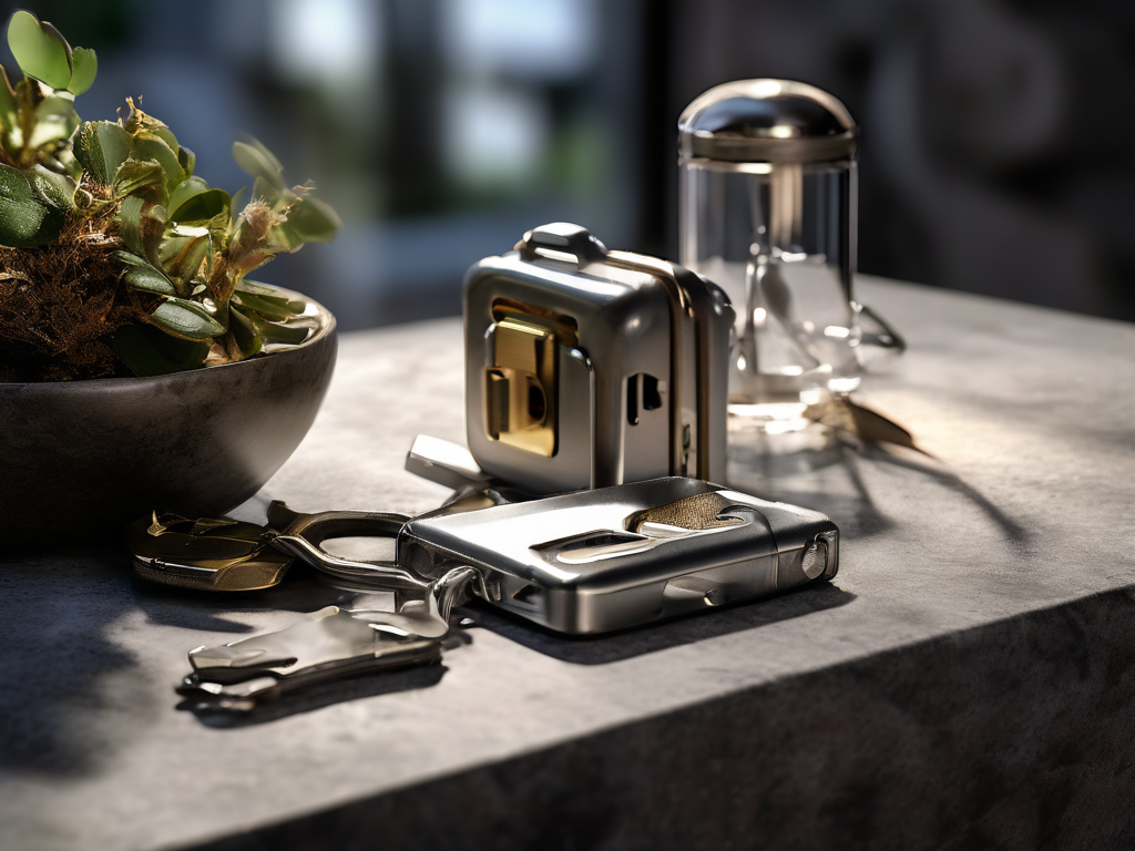 Blank security card, metal lock, and closed key case arranged on a stone counter for account security.