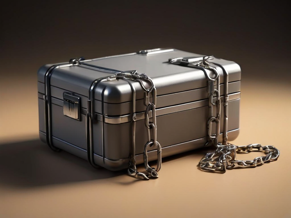 A sealed metal case with a short chain sits on a gray surface beside small blocks, representing linked file locations.