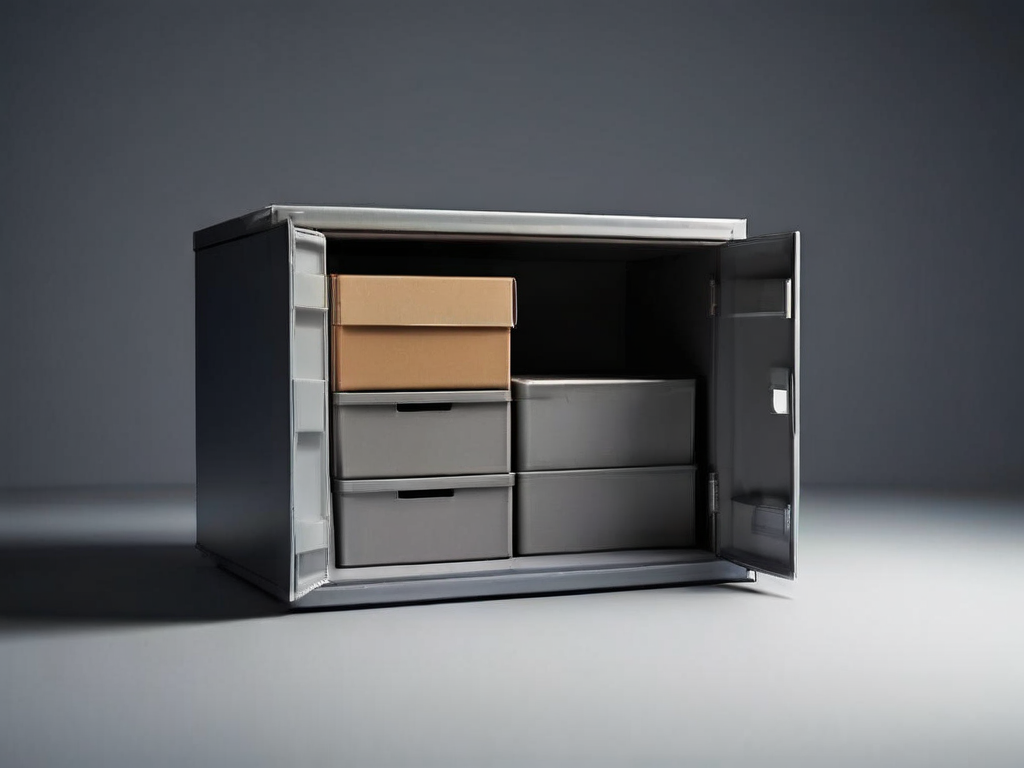 Organized archive box with blank sleeves and a sealed drive on a gray studio surface, soft side light, clean shadow.