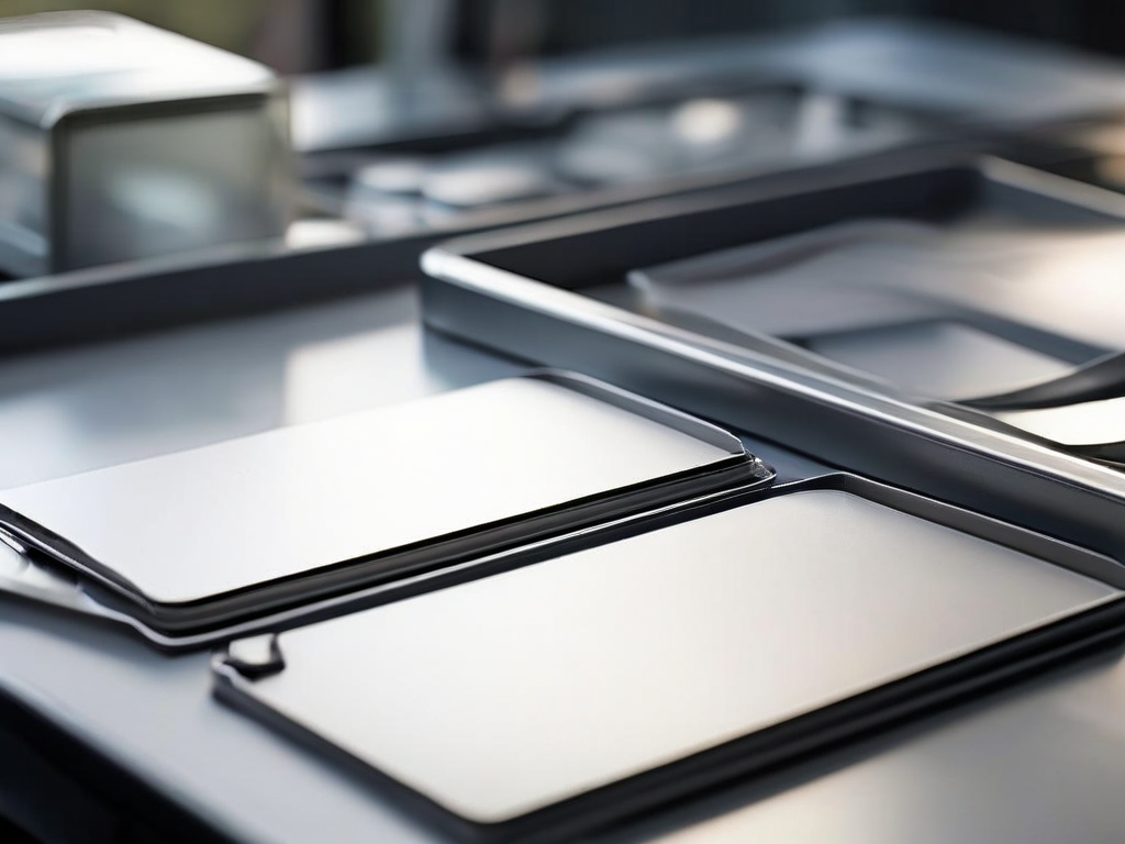 Blank divider cards on brushed metal beside a compact storage tray, bathed in angled morning daylight.