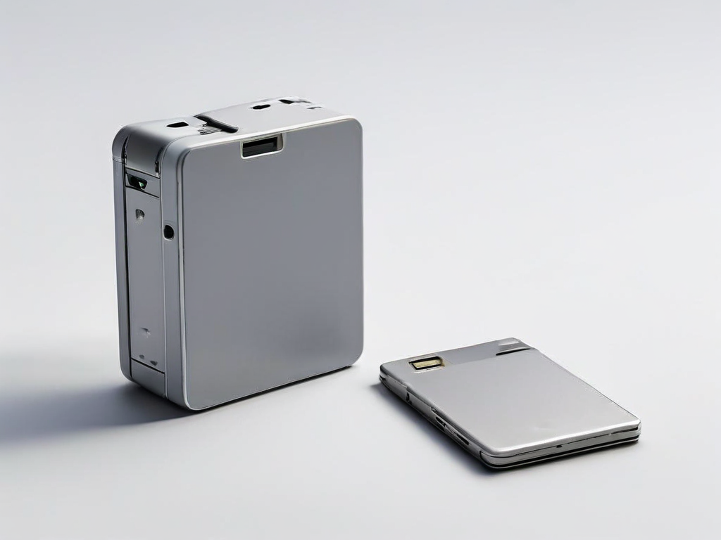 Memory card, sealed external drive, and blank photo sleeve on gray studio surface with soft side light.