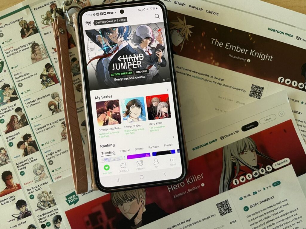 Reader locating an authorized webtoon through publisher and platform information.