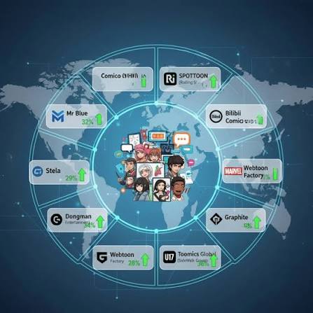 Examples of authorized webtoon platforms organized by language and market.