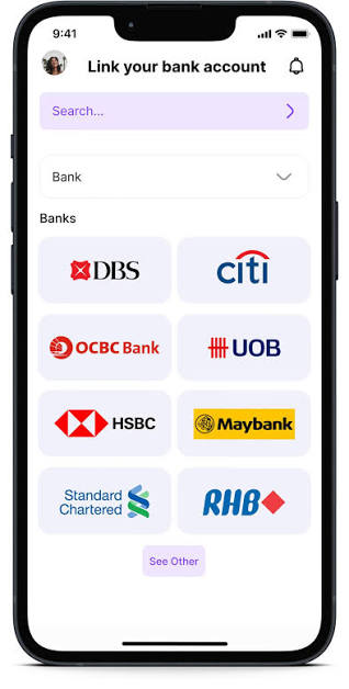 Mobile app interface showing the "Link your bank account" screen with options to select various banks such as DBS, Citi, OCBC, UOB, HSBC, Maybank, Standard Chartered, and RHB.